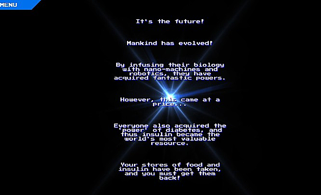 Teksten beskriver scenarioet fra spillet - en fjern fremtid hvor alle har fått diabetes. (Skjermdump fra Diabetes-spillet)